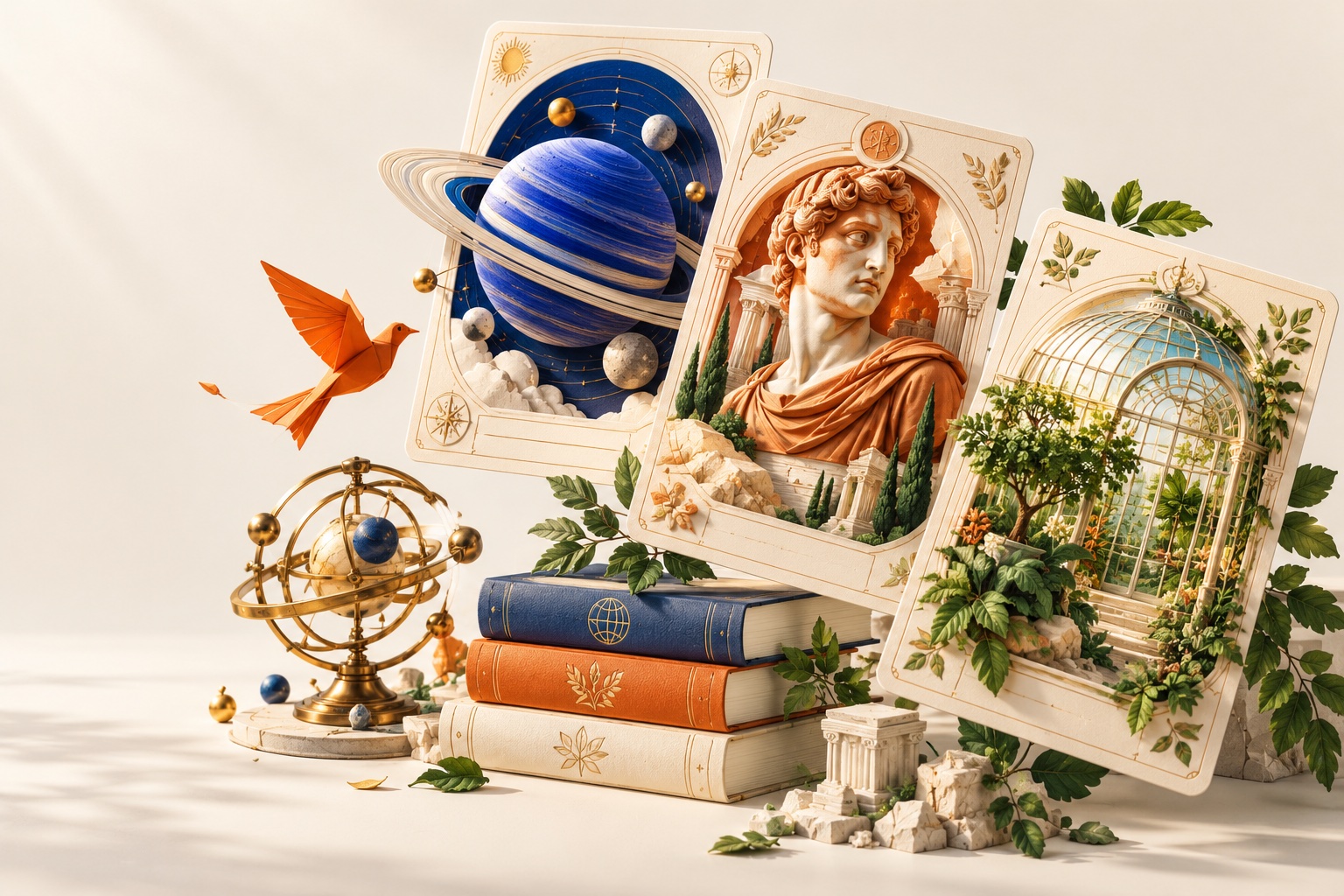 青い惑星、古典的な彫刻、植物の温室が描かれたイラスト入りの収集価値のあるカード